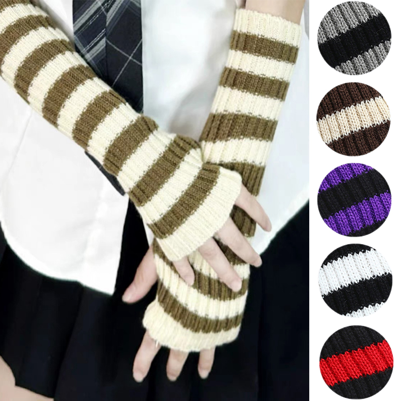 Women's Knitted Fingerless Arm Sleeves Gothic Style Striped Winter Long Arm Warmers Girls Harajuku Y2K Wrist Gloves