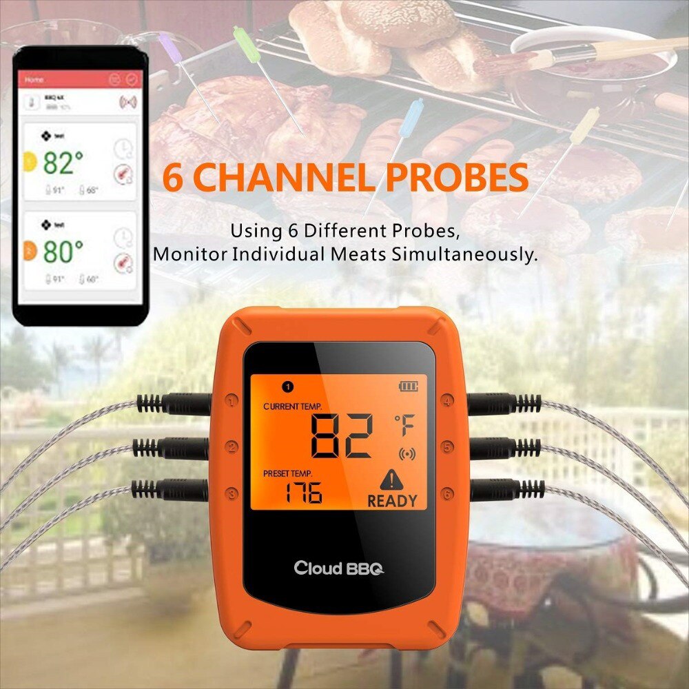 Koken Thermomer Draadloze Bluetooth Grill Thermometer Met 6 Probes App Oven Vlees Bbq Thermometer