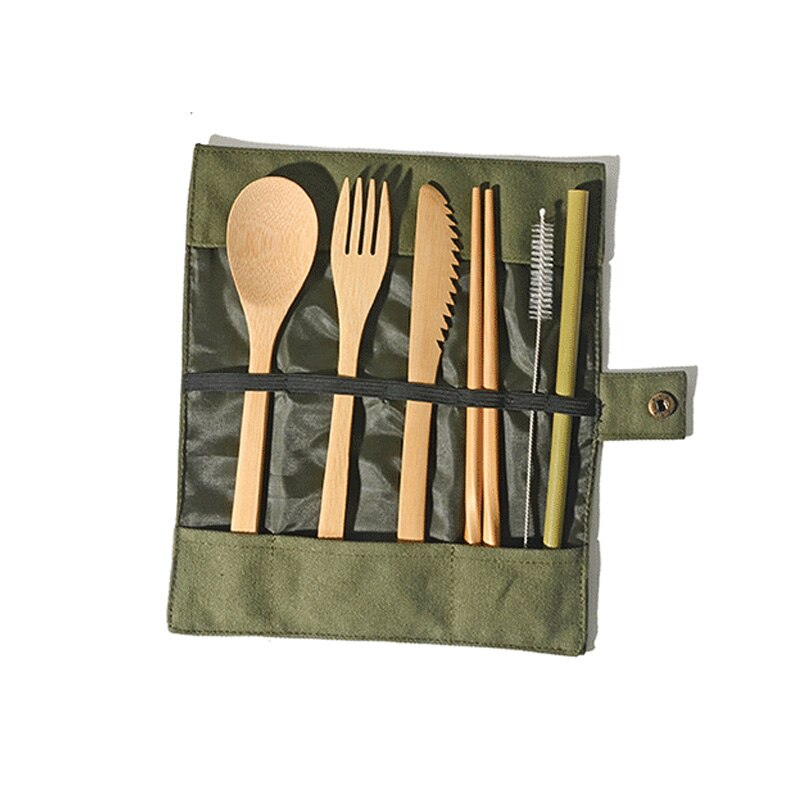 Bærbart træbestikssæt træbestik knive gafler skeer spisepinde rejser spisestue dragt miljømæssigt med taske: Grøn