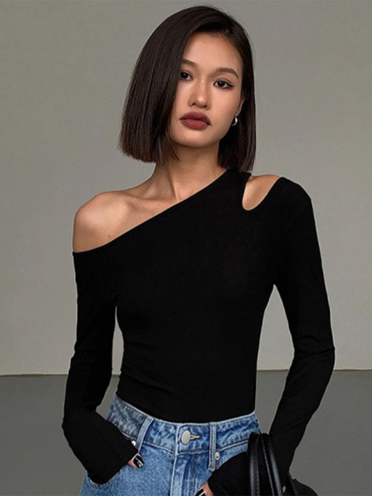 T-shirts med skæv krave og off-shoulder-ærmer til kvinder, forårssolid, slim fit, crop top, sexet, udhulet t-shirt