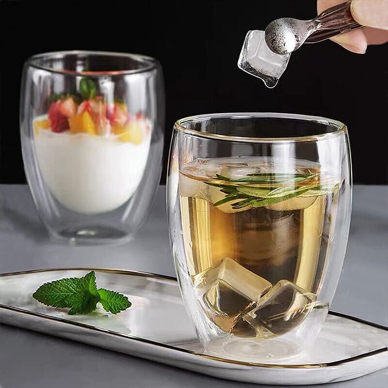 Double Walled Glass Insulated Coffee Mugs Clear Glass Tea Cups for Coffee Tea Juice Milk Latte Cappuccino and Cold Drinks