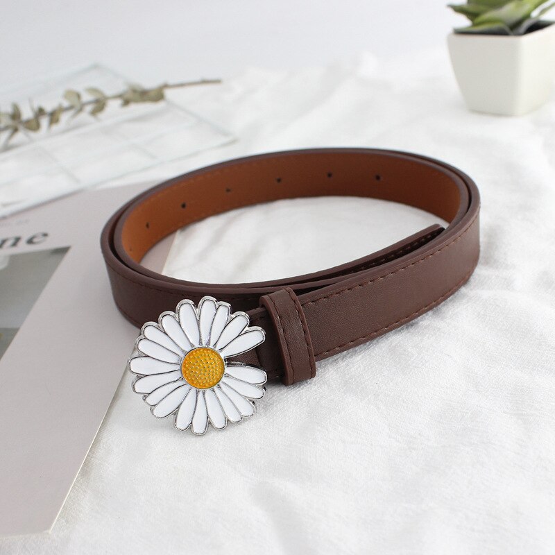 Lille daisy pu fint bælte kvinder linning koreansk stil studerende blomsterspænde personlighed glat spænde imiteret læder: Brun