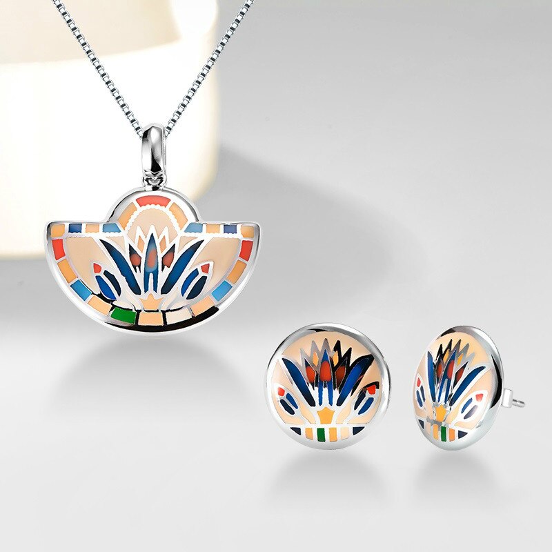 Round Colorful Glass Jewelry set for women Authentic 925 Sterling Silver charms pendant Earrings Party Enamel: Green
