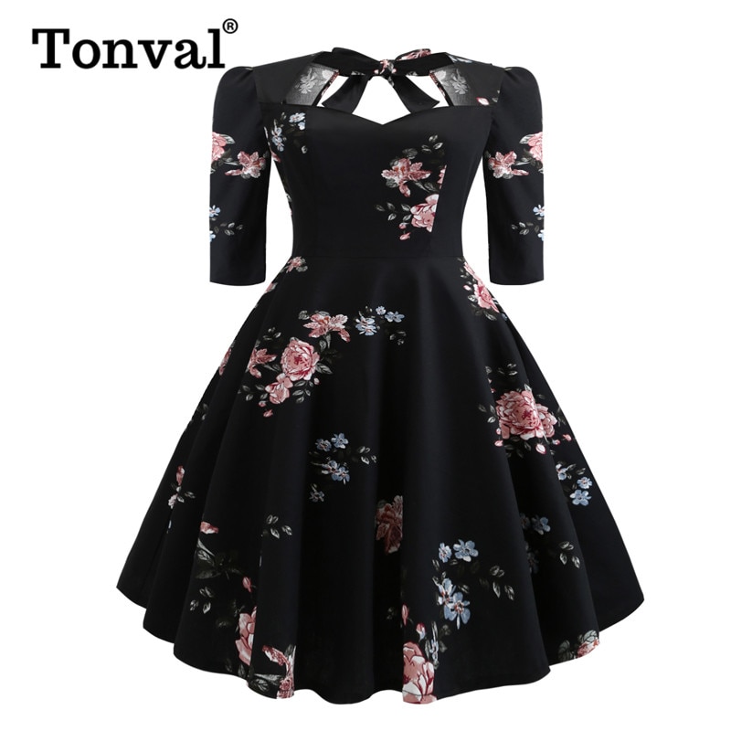 Tonval Plus Size Vrouwen Kleding Vintage 50s Rockabilly Black Midi Jurk 3/4 Lengte Mouw Herfst Dames Elegante Bloemen Jurken