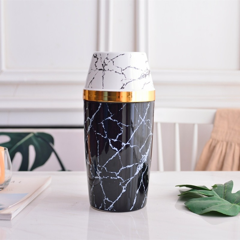 nordisch Moderne Weiß Schwarz Marmor aufbringen Vase Gold Rand Handwerk Keramik Vermittlung Blume Vase Wohnzimmer Dekoration Zubehör