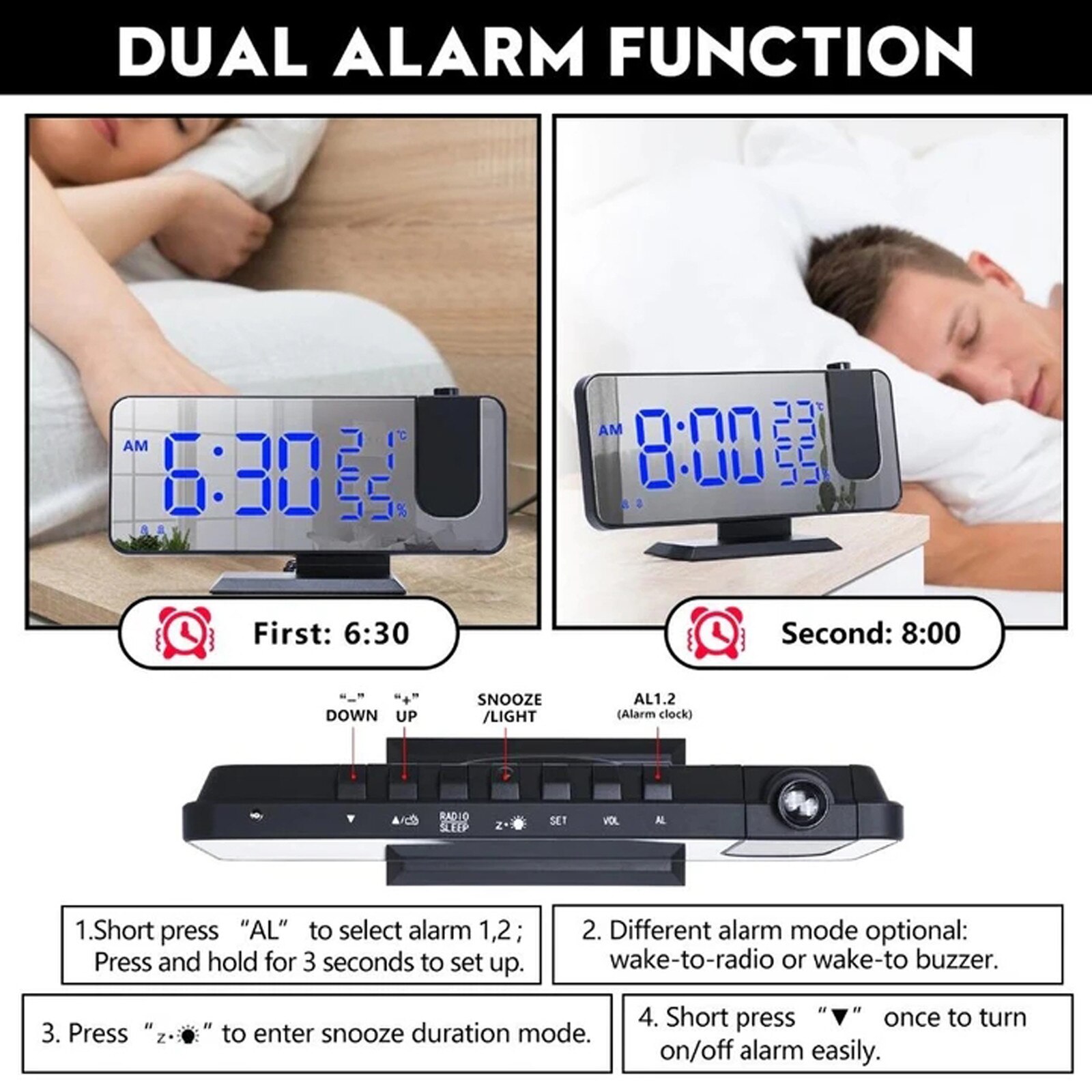 LED Digital Projection Alarm Clock Table Electronic Alarm Clock with Projection FM Radio Time Projector Bedroom Bedside Clock