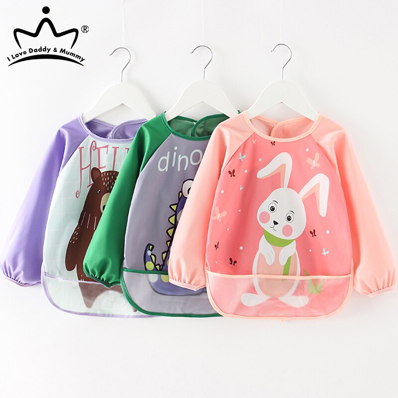 Cute Cartoon Baby Bibs Waterproof Infant Eating Bib with Pocket Children Drawing Long Sleeve Apron Kids Burp Cloth Baby Stuff