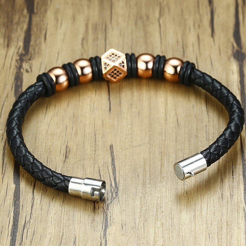 Stylish Mem Jewelry Rose Gold Tone Beaded and Black CZ Modern Mens Braided Leather Bracelet