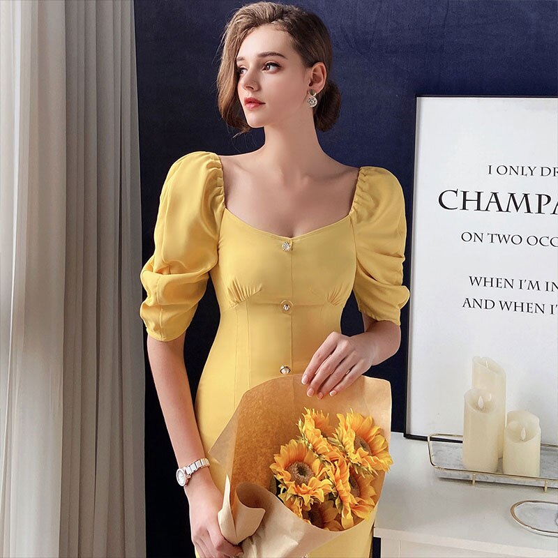 Dabuwawa Exclusive Vintage Yellow Dress Women Square Neck Puff Sleeve Single Breasted Split Hem Sexy Dress Ladies DO1BDR102