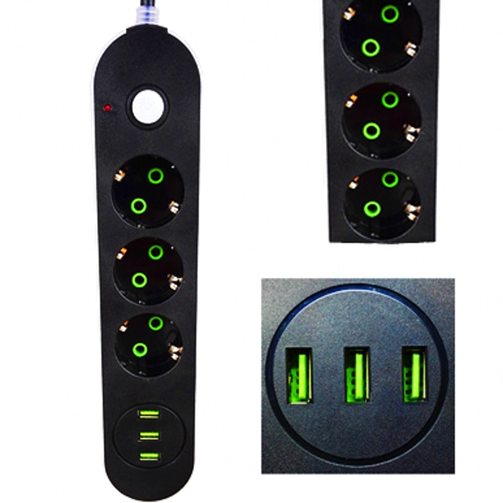 Rundpinne eu rus plugg forlenger grenuttak 1.8m universaluttak med usb ladeport kabel 3 stk usb grenuttak
