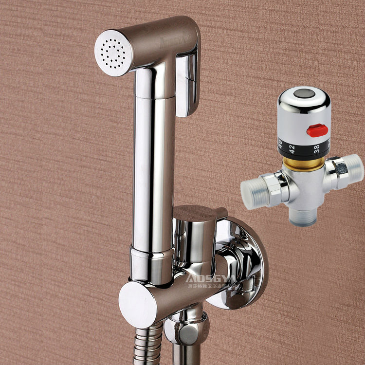 Termostatisk messing håndholdt bidet sprøjte til toilet badeværelse bidet hane muslimsk brusersæt blandingsventilslange og holder , 02-115