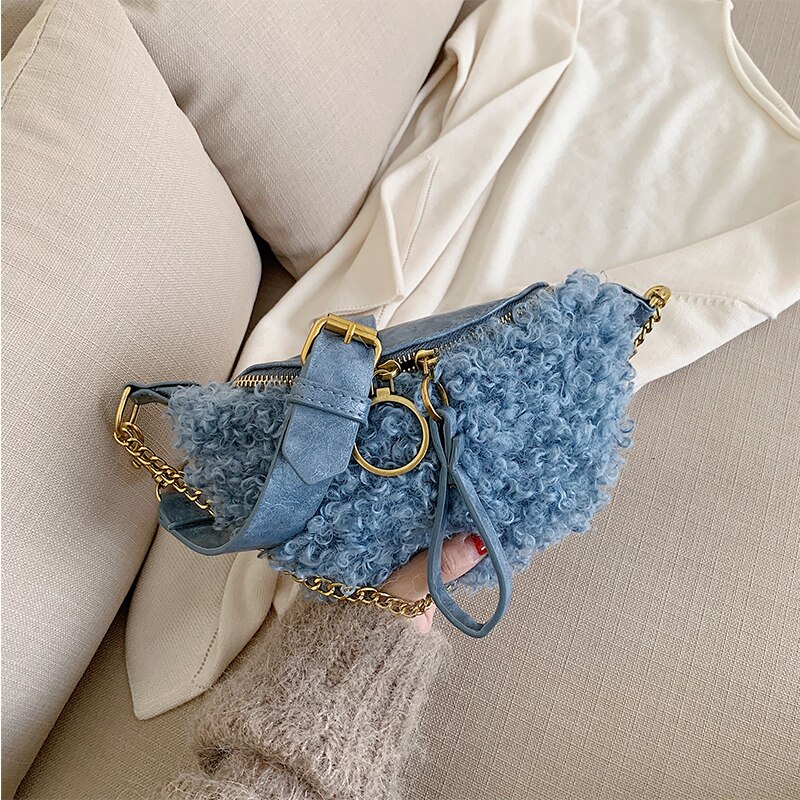 Dames kleine borsttas zachte pluche dames handtas ketting schoudertas messenger bag: Blauw