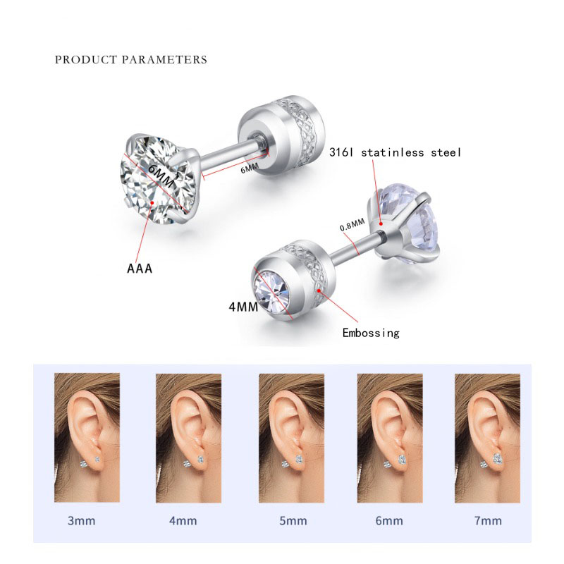2pcs 20G Hypoallergenic Titanium Steel Stud Earrings for Men Women, Zircon Screw Back Earring Cartilage Tragus Ear Piercing
