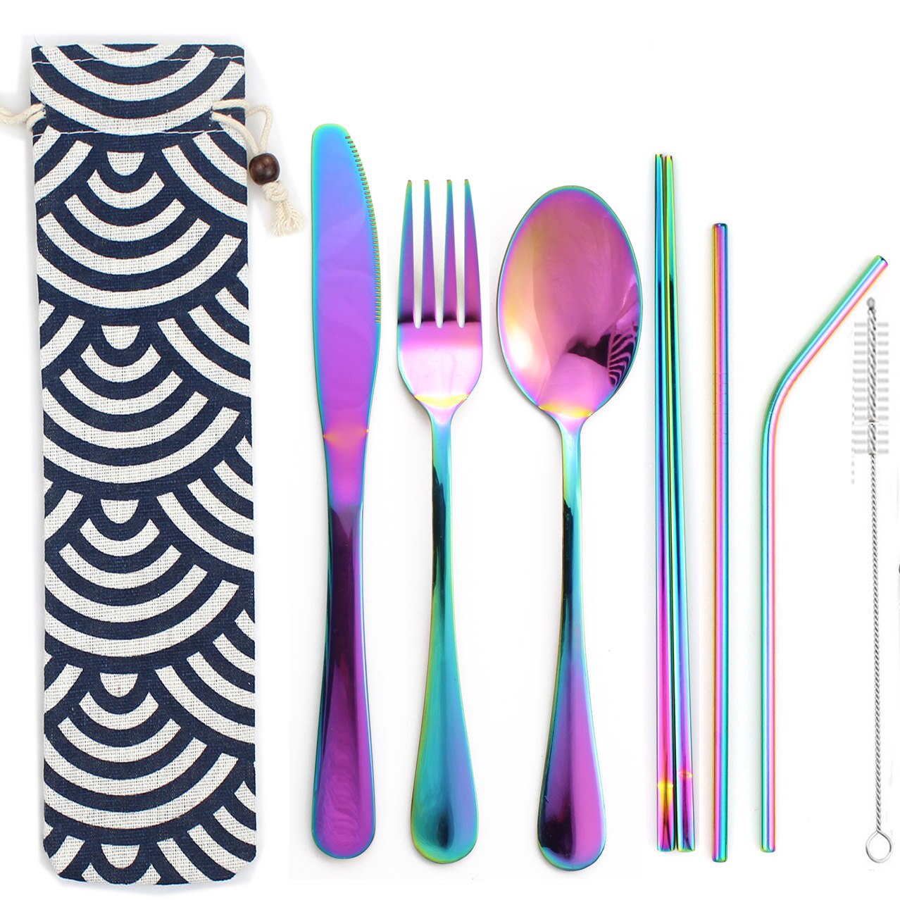 Couverts arc-en-ciel colorés 8 pièces/ensemble | Service de vaisselle Portable, vaisselle réutilisable avec paille en métal, cuillère fourchette, étui à baguettes: Rainbow5