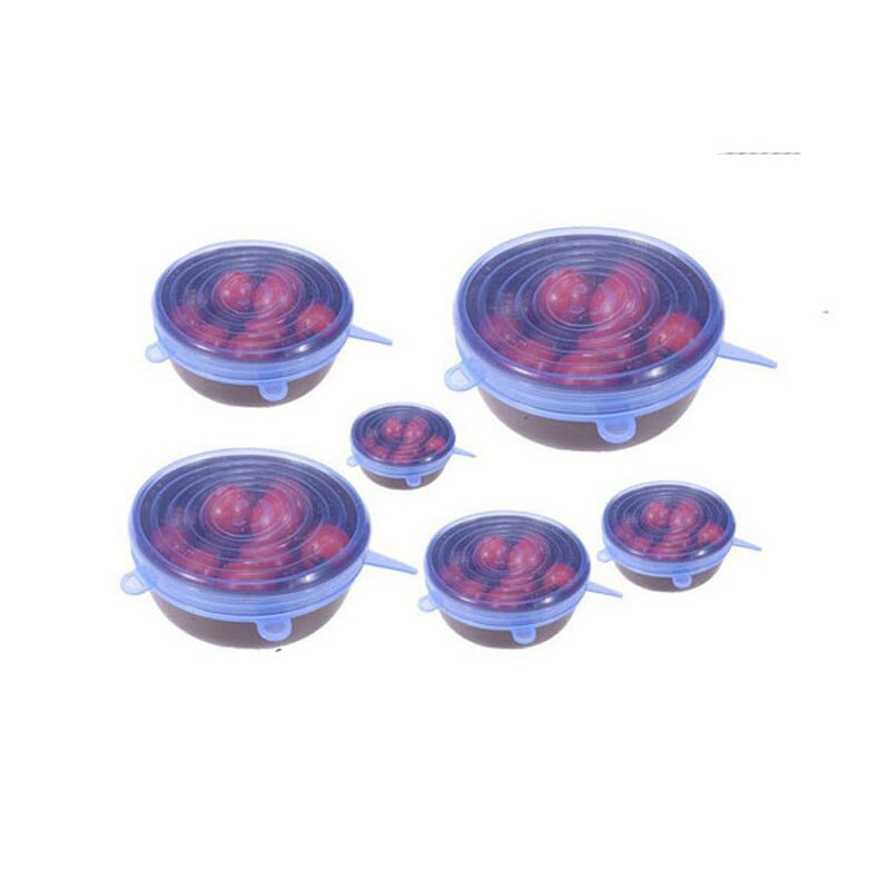 Siliconen rekbare voedseldeksels keukenaccessoires universele siliconen kom pot deksel siliconen deksel pan koken voedsel vers: 6cs blauw