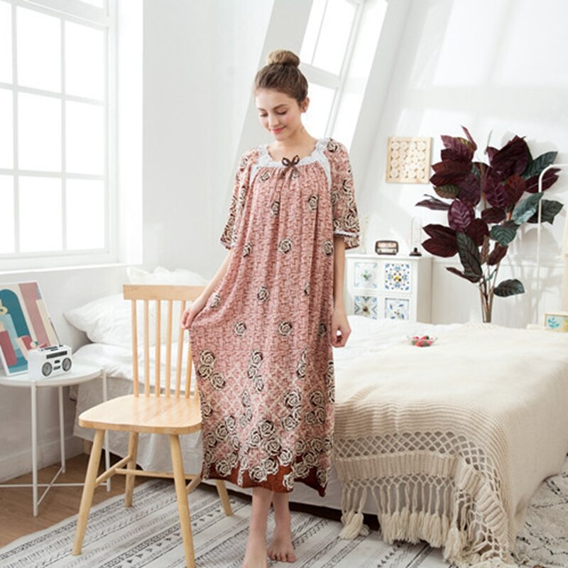 Print natkjole dame & #39 ;s løs blonde natkjole sommer kortærmet lang kjole natkjole hjemmekjole badekåbe: Khaki / Xl