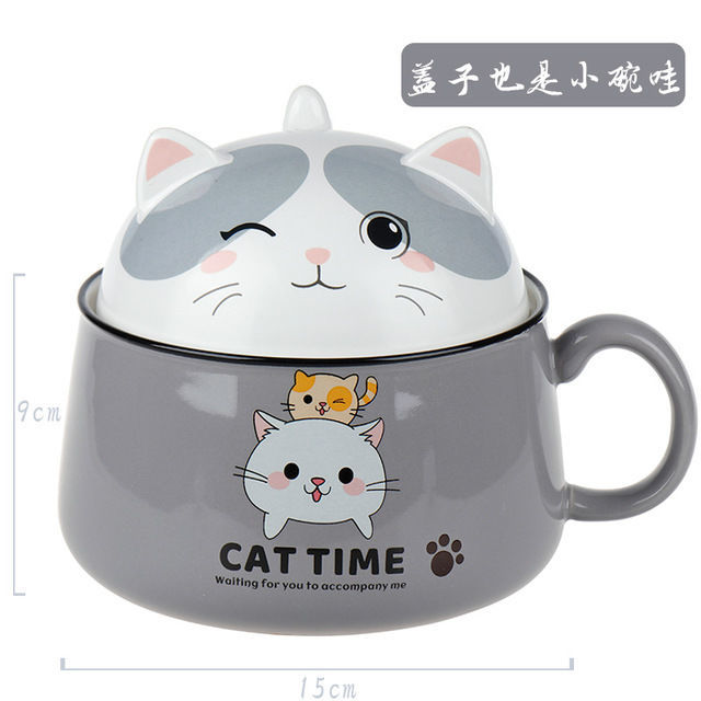 Cartoon Cat Bowl Ceramic Bowl Large Capacity Soup Bowl Kitchen Tableware Salad Bowl Ramen Noodle Bowl With Lid Spoon Fruit Bowl: Gray 1020ml