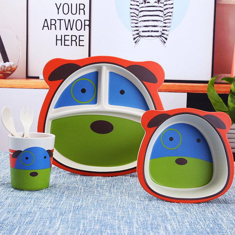 5 pièces/ensemble bébé dessin animé assiette vaisselle Anti-chute ensemble de vaisselle 4 fentes enfants vaisselle fourchette cuillère bambou assiette ensemble couverts: Puppy