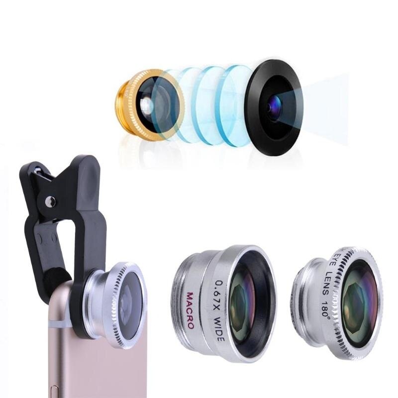 3 in 1 vidvinkel makro fish eye linse mobiltelefon kamera kit fisheye linser smartphone til iphone samsung huawei xiaomi oneplus: Sølv