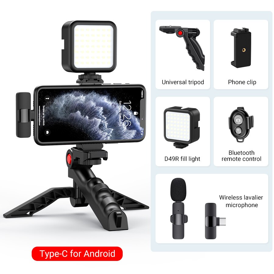 Jumpflash DSLR SLR Phone Vlog Tripod Vlogging Kits Live Selfie Fill Light Integration with Remote Control Microphone LED Light: Type-C for Android