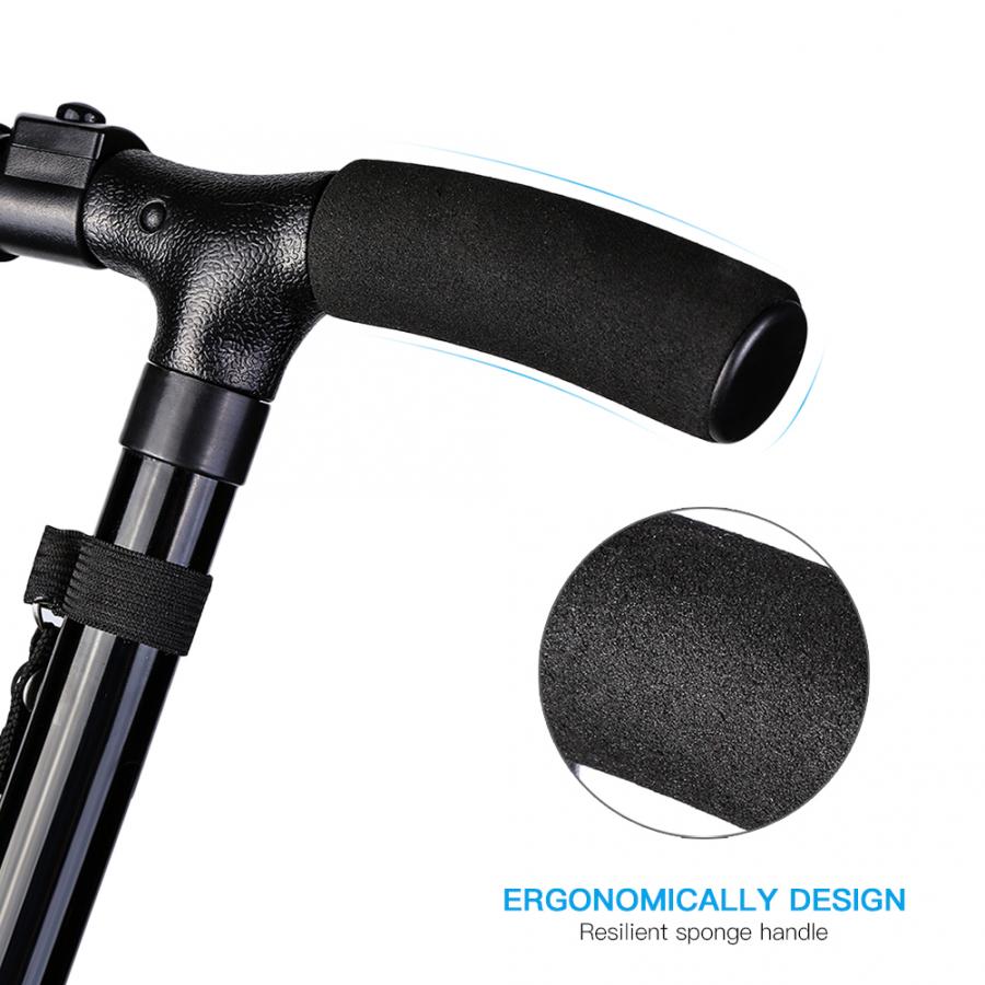 Self Standing Folding Walking Cane Lightweight Walking Stick with LED Light and Cushion Handle Adjustable Height 150-190cm