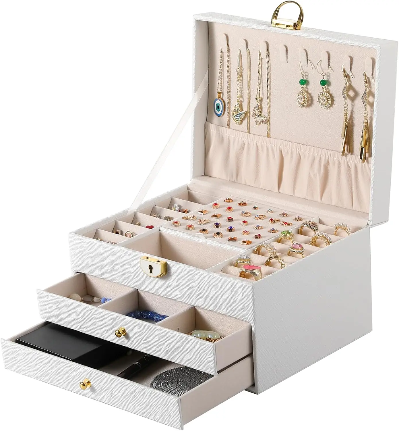 3-layer Jewelry Box with Drawer Lockable Jewelry Rack Storage, Large Jewelry Box Storage with Velvet Earring Storage,: WHITE