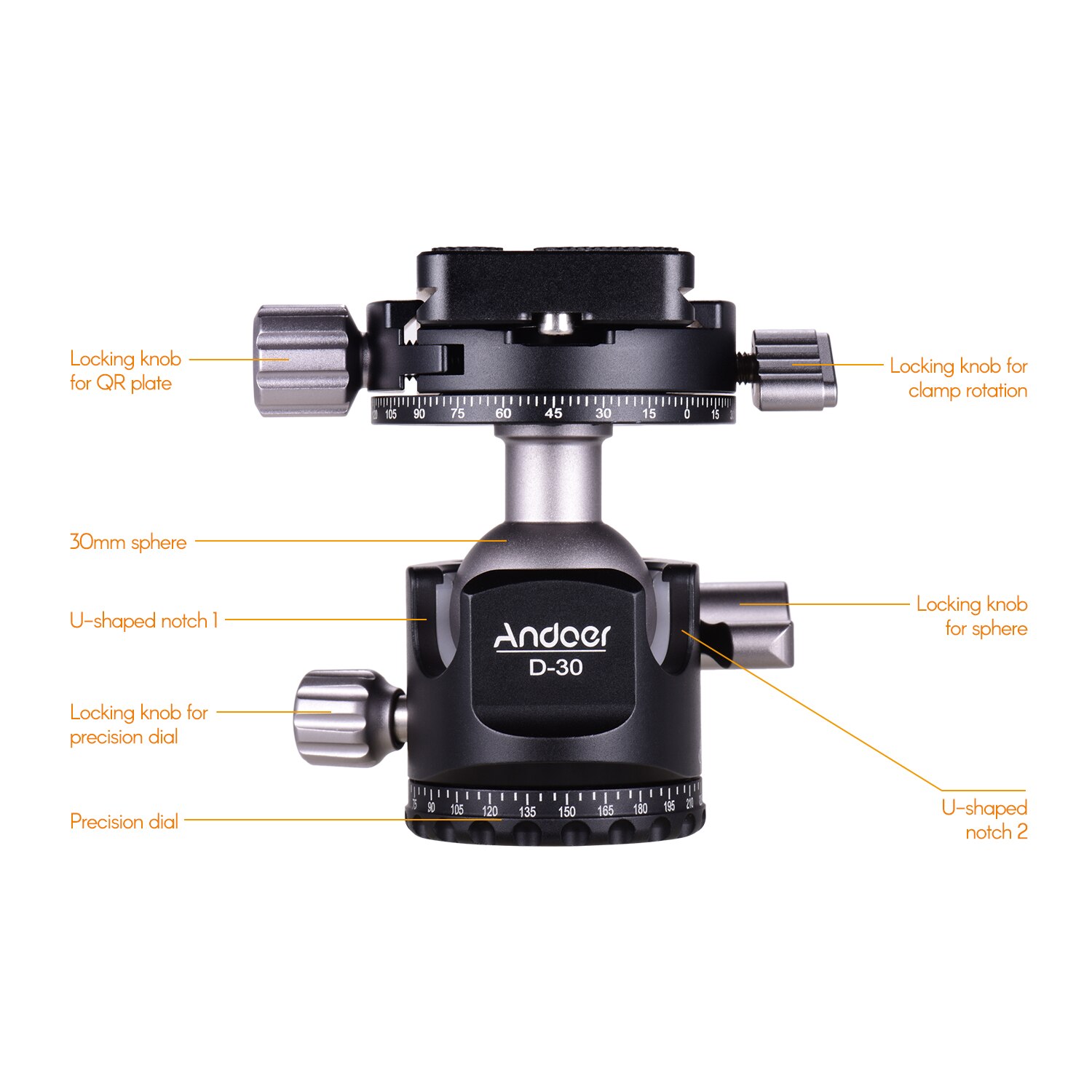 Andoer D-30 Panorama Ball Head Tripod Mount Adapter Dual Panoramic Scale U-Groove Aluminium Alloy Max. 18kg/40lbs Load