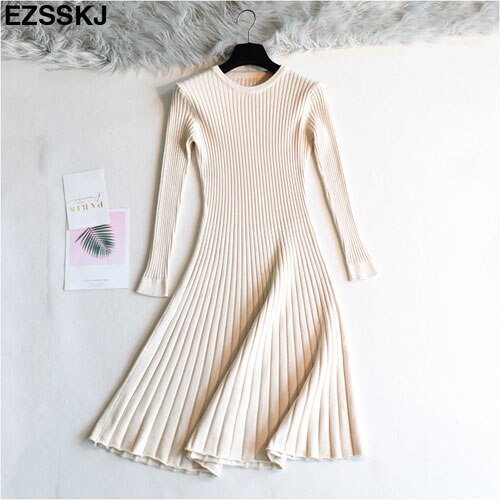 Vestido femenino de punto grueso con manga larga para otoño e invierno, traje básico con cuello redondo para mujer, corte en A, informal: Beige