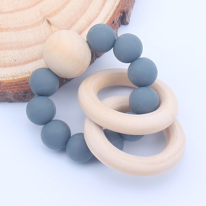 Pulsera de dentición de silicona para bebé, mordedor de madera, cuentas de silicona, dientes, Muelas de la dentadura, sonajero de madera, juguete de silicona para bebé: Gris claro