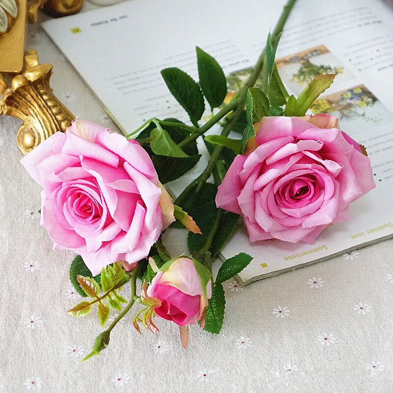 Luxe Grote Rose Tak Met Leaf Kunstzijde Bloemen Wedding Home Woonkamer Decoratie Flores Artificiales: rich pink