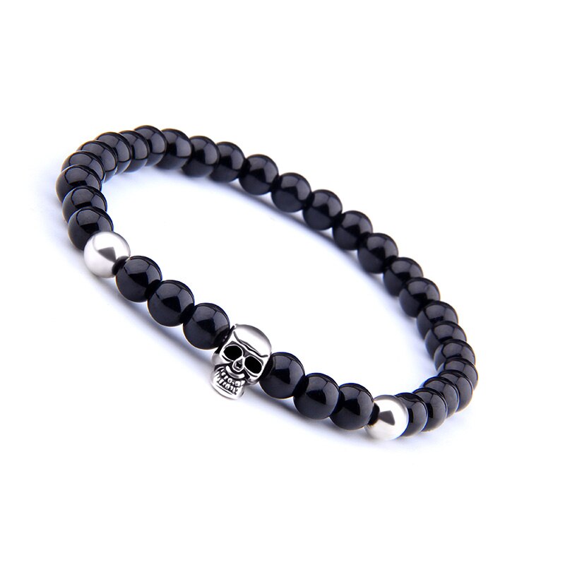 Männer Armbinde Natürliche 6 mm Schwarz Onyx Perlen Armbinde Für Frauen Jahrgang gotisch Elastische Schmuck Schädel Charme Pulseras Mujer