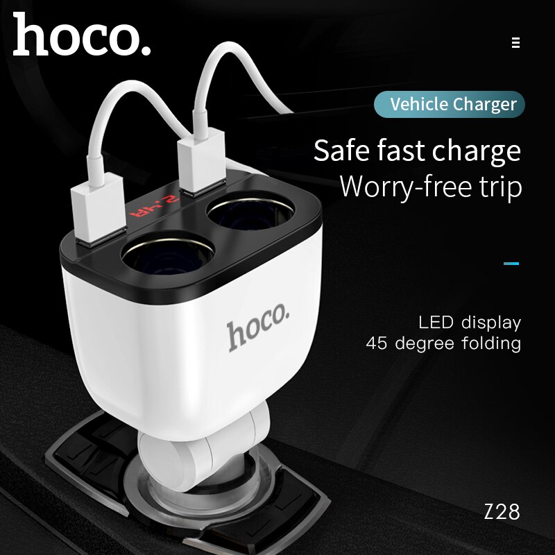 Hoco 5V 3.1A Auto Dual Usb Lader Met 2 Auto Sigarettenaansteker Slot Snel Opladen Display Spanning Stroom Voor iphone X Xs 8 7 6S