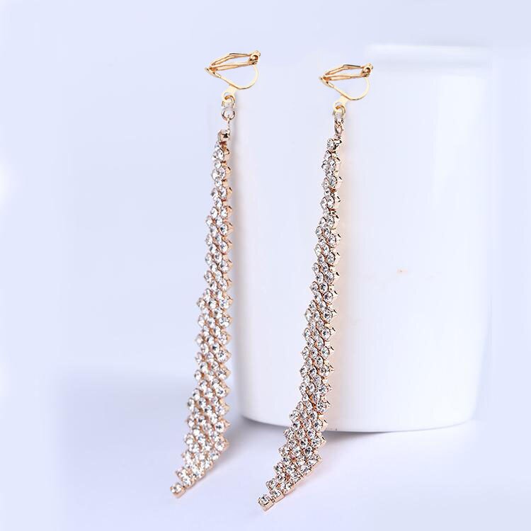 GRACE JUN Full Rhinestone Long Dangle Clip on Earrings Women&#39;s Party Wedding Boho Earrings Jewelry Ear Clip: Gold Clip-on