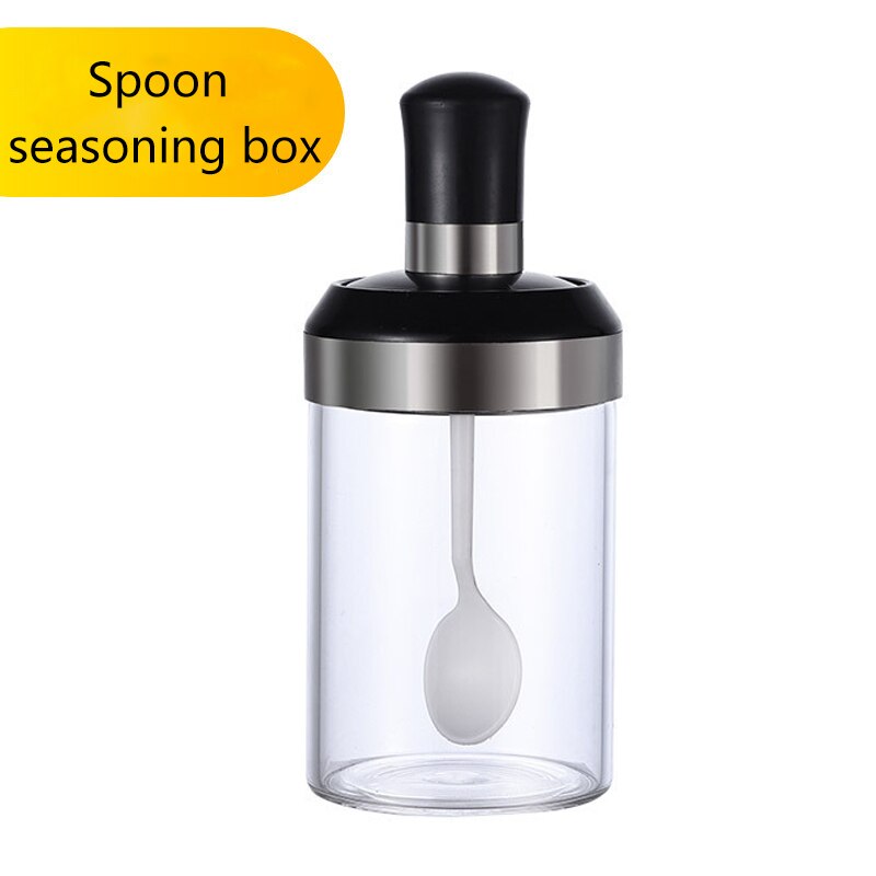 Frasco de aceite Caster, recipientes para especias, latas de sal, contenedor de almacenamiento, pimienta, condimento, cocina con cuchara/cepillo/palo y tapa, 1 Uds.: spoon black silver