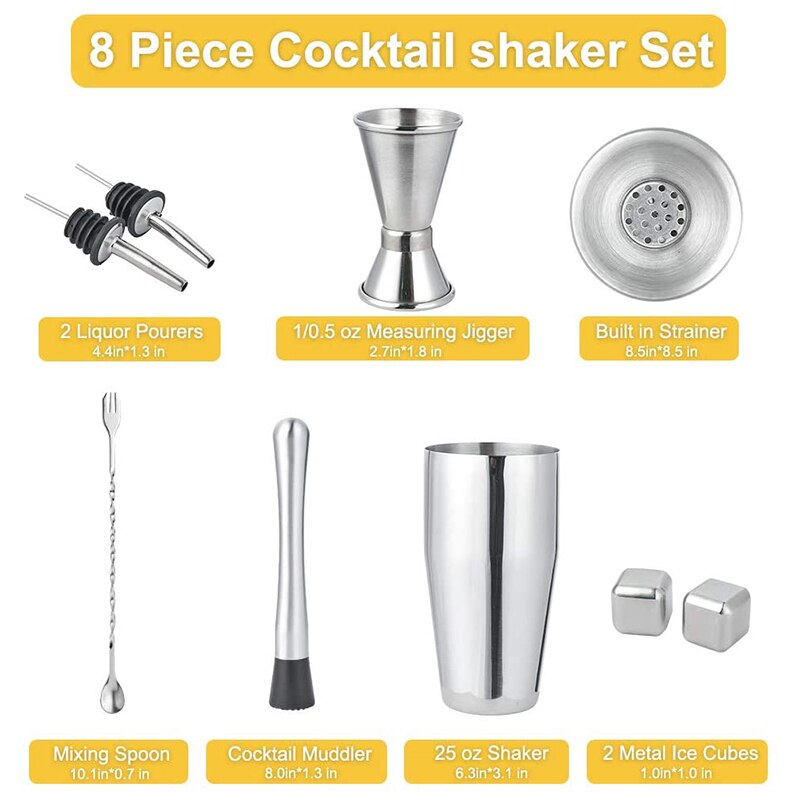 Cocktail Shaker, 25.4Oz Stainless Steel Martini Shaker Set, 8 Piece Bartender Kit with Measuring Jigger/Mixing Spoon