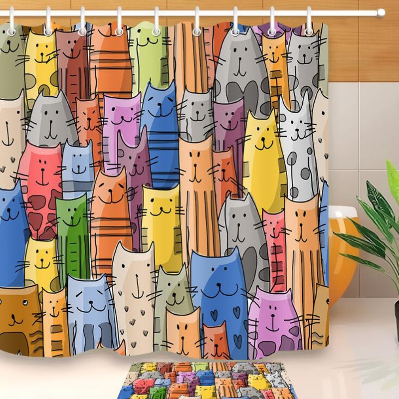 Kleurrijke Kat Gedrukt Bad Waterdicht Gordijn 3D Polyester Stof Douchegordijn met 12 Haken voor Mildewproof Badkamer Decor