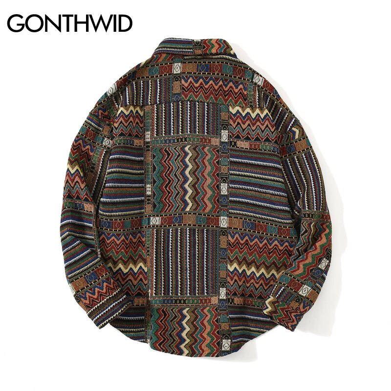 Gonthwid national stil farveblok geometrisk mønster langærmede tees shirts streetwear hip hop harajuku afslappet løs skjorte top
