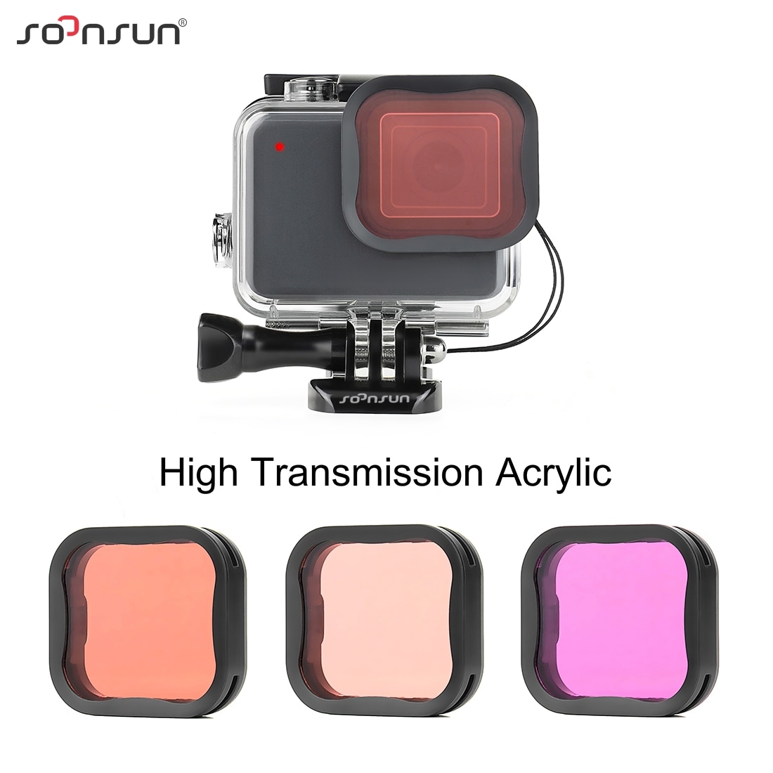 SOONSUN Waterproof Housing Case with Dive Filter for GoPro Hero 7 Silver White Protective Case with Red Light Red Magenta Filter