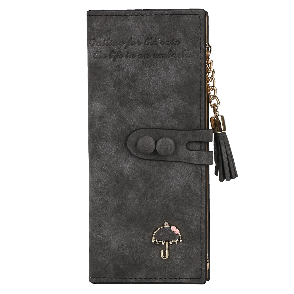 Womens Lady PU Leather Card Holder Long Wallet Clutch Checkbook Zip Frosted Tassel Button Letter Umbrella Scrub Textured Purse: Black