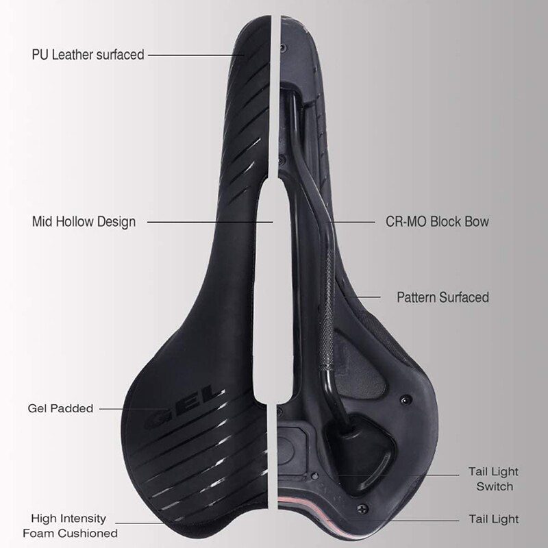 Starbk comfortabel fietszadel met achterlicht en ergonomisch gestroomlijnd fietszadel met gelschuimkussen, cycle 8 led , 3 standen
