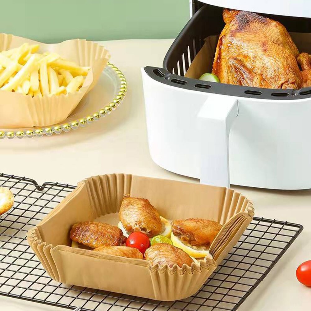 Tapis de cuisson antiadhésif jetable pour friteuse à Air 20cm, 50/100 pièces, revêtement en papier carré, accessoires de cuisine pour friteuse à Air