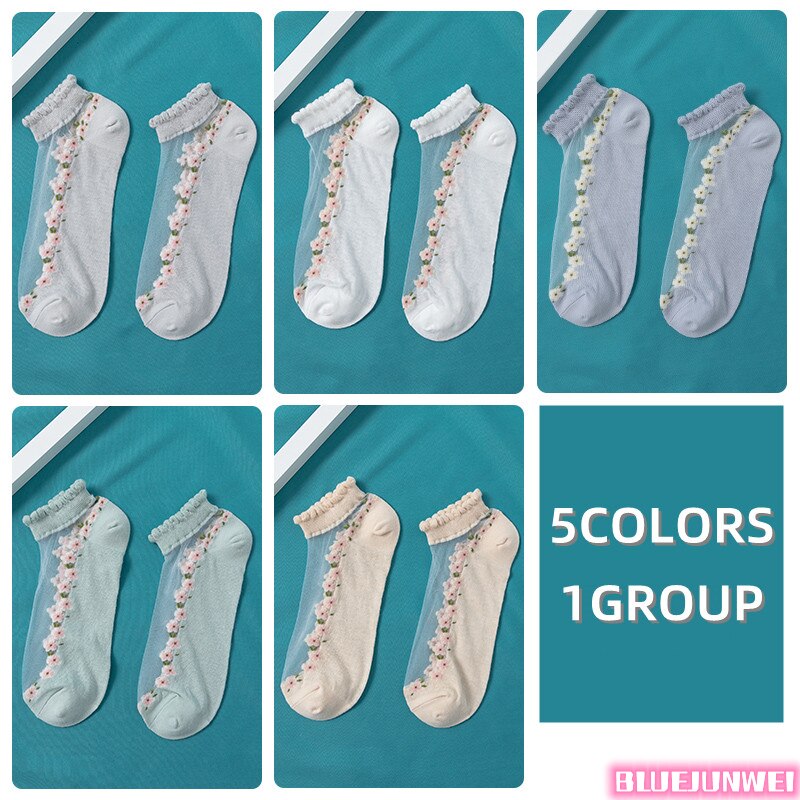 5 paires de chaussettes pour femmes, été, motif floral, chaussettes en soie, cristal, douces, en coton, respirantes, à la cheville: 12