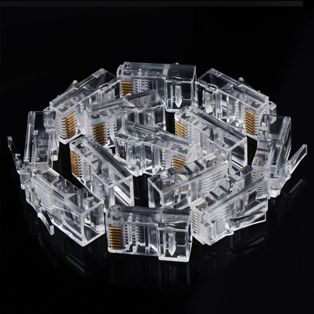 100 Stuks Kabel Terminal Transparant Kristal Hoofd 20 Stuks Crystal Head RJ45 CAT5 CAT5E Modulaire Plug Vergulde Netwerk Connector