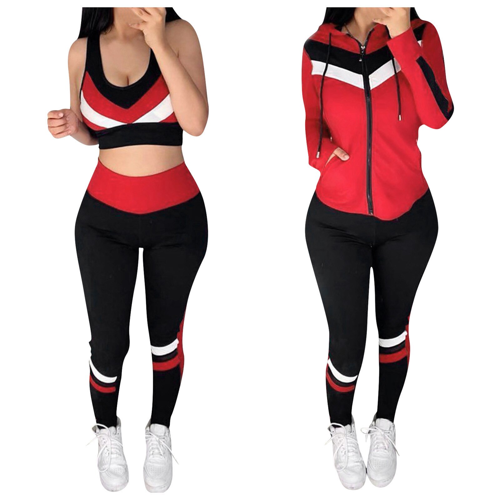 2020 nuovo Sport Set WomenSpliced Con Cappuccio Della Maglia Per Il Tempo Libero Vestito di Sport 3-pieceSuits Vestiti Delle Donne спортивные костюмы женс: Red  / M