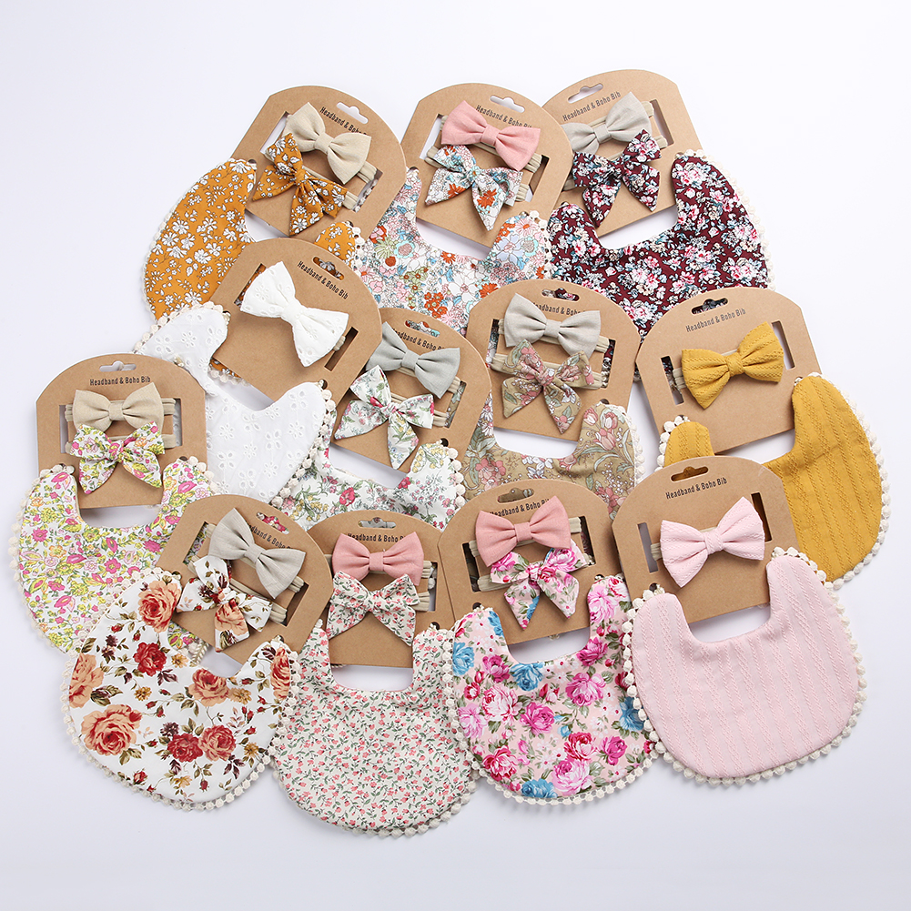 Conjunto de Baberos con diadema para bebé, toalla con borla para Saliva, Bandana con estampado Floral, lavable, paño para eructar, alimentación de bebé, 3 unids/set