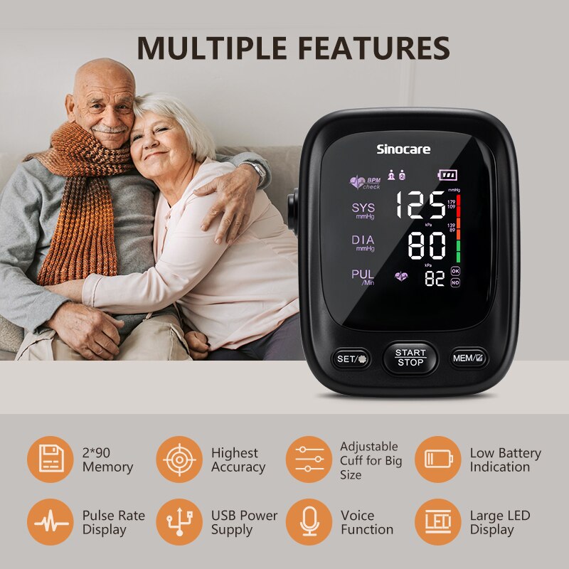 Sinocare-tensiómetro Digital automático para la parte superior del brazo, Monitor de presión arterial, máquina de presión arterial, medidor de frecuencia cardíaca, pantalla LCD