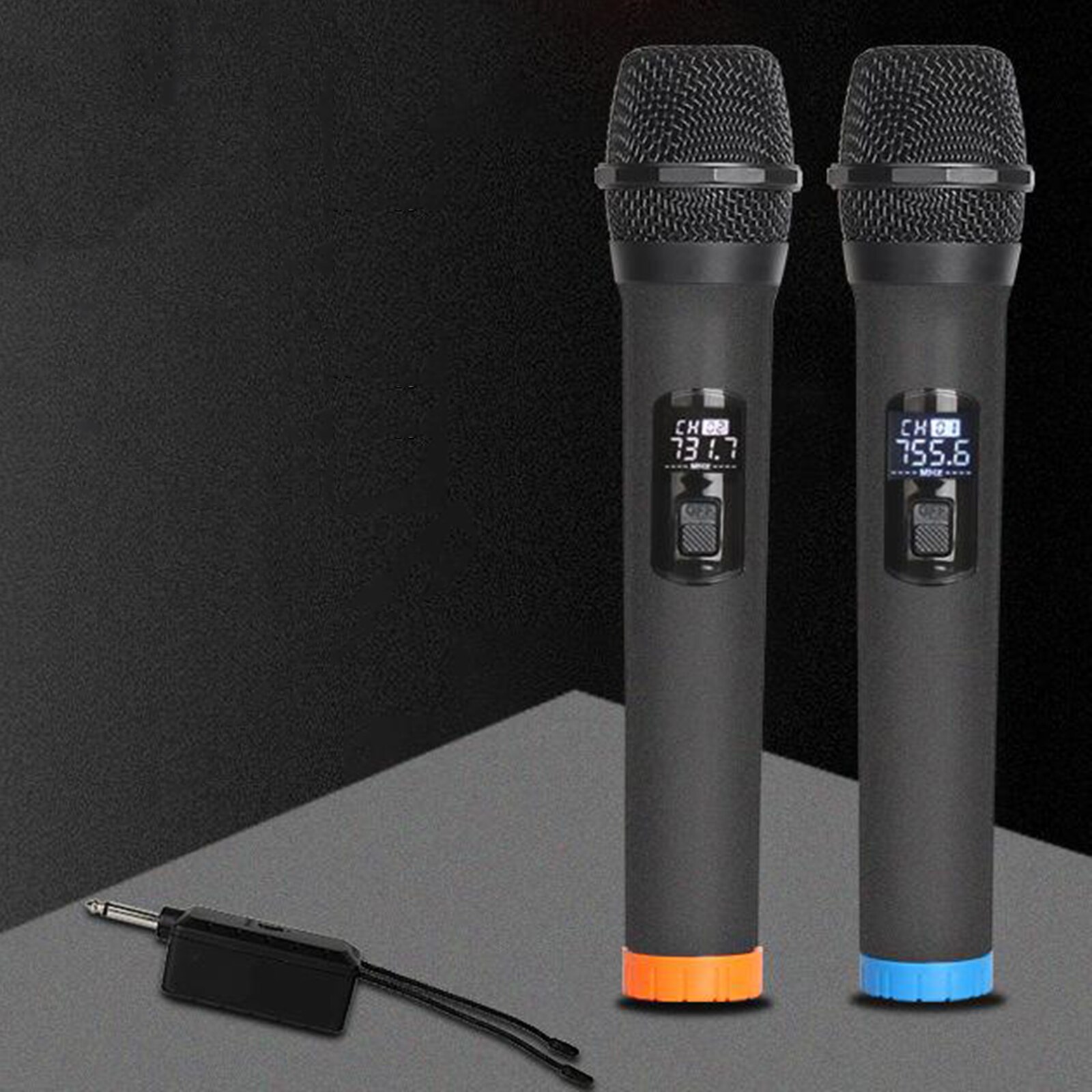 Wireless 2x Microphone with Display, Black Dual VHF Cordless Mic Handheld