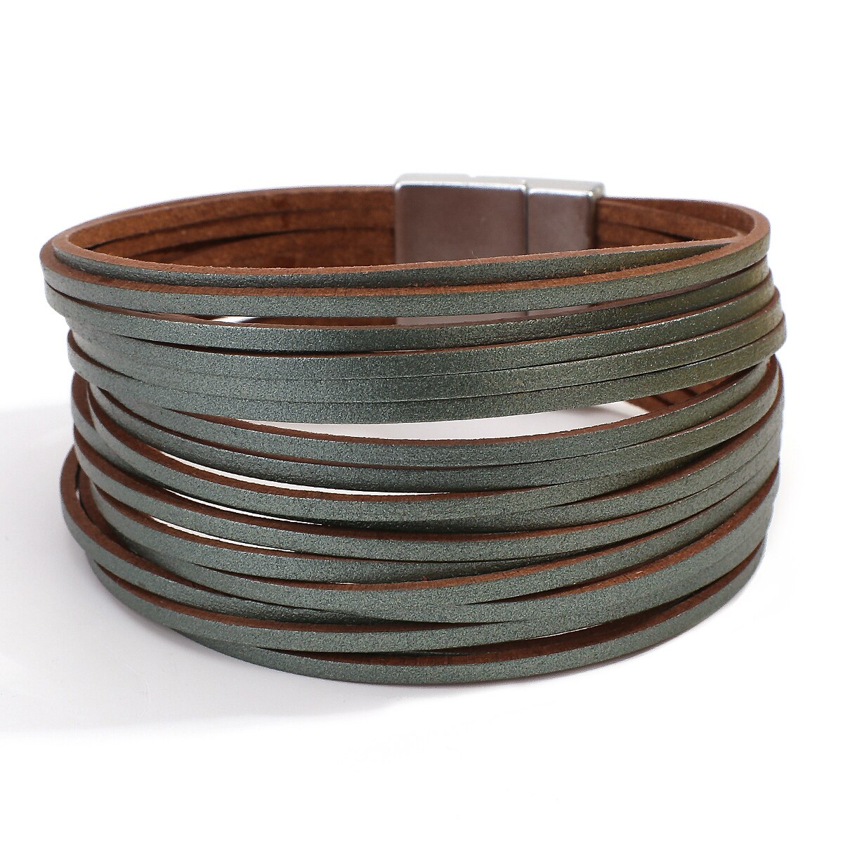 Amorcome – Bracelet en cuir mince multicolore, bandes multiples, large, bijoux de fête à la , Bracelets pour femme: green