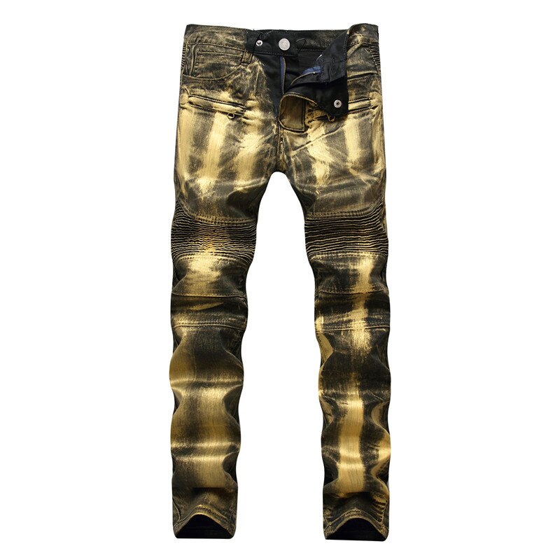 Men's Biker Jeans Pants Print Gold Silver Coated Slim Skinny Denim Trousers For Male Pleated Trousers Plus Size 40