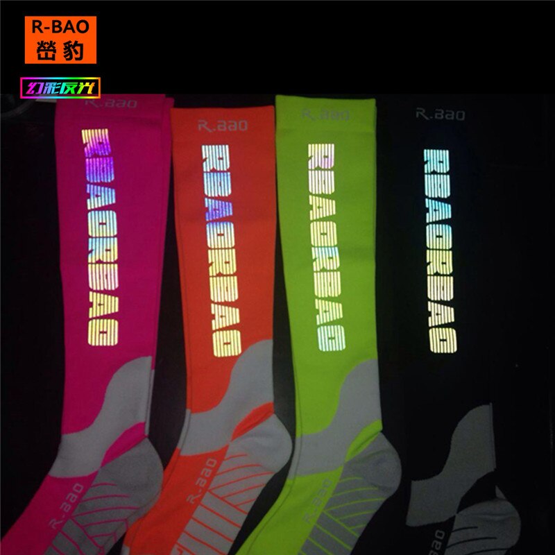 R-BAO Colorful Reflective Compression Running Cycling Socks High Grade Reflecting Logo Function Night Run Mens